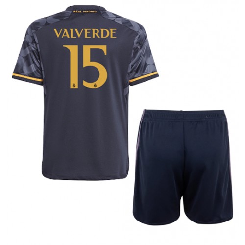 Otroški Nogometni dresi Real Madrid Federico Valverde #15 Gostujoči 2023-24 Kratek Rokav (+ Kratke hlače)